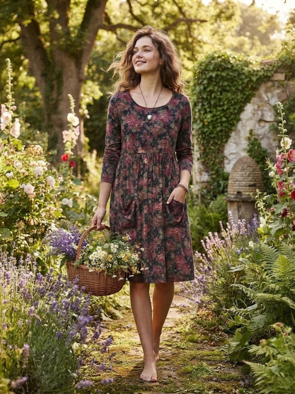 Floral Scoop-Neck Long-Sleeve Dress velour Burgundy Floral Print X-Large